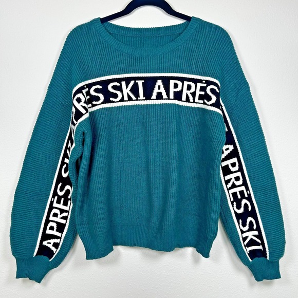 Ski‎ Apres Women's Teal Graphic Crew Neck Sweater Winter Cozy Viscose Knit Blend - Picture 1 of 5